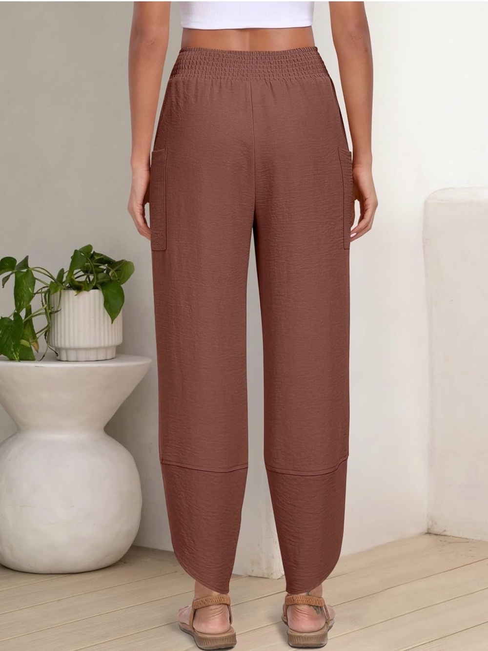 Women's Brown Elastic Waist Wide-Leg Pants - Picture 4 of 6